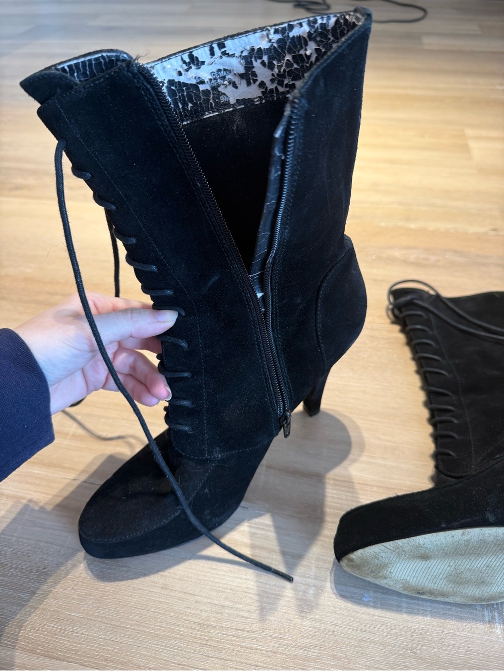 Nine West Black Lace-Up Suede High-Heel Ankle Boots - Picture 2 of 6